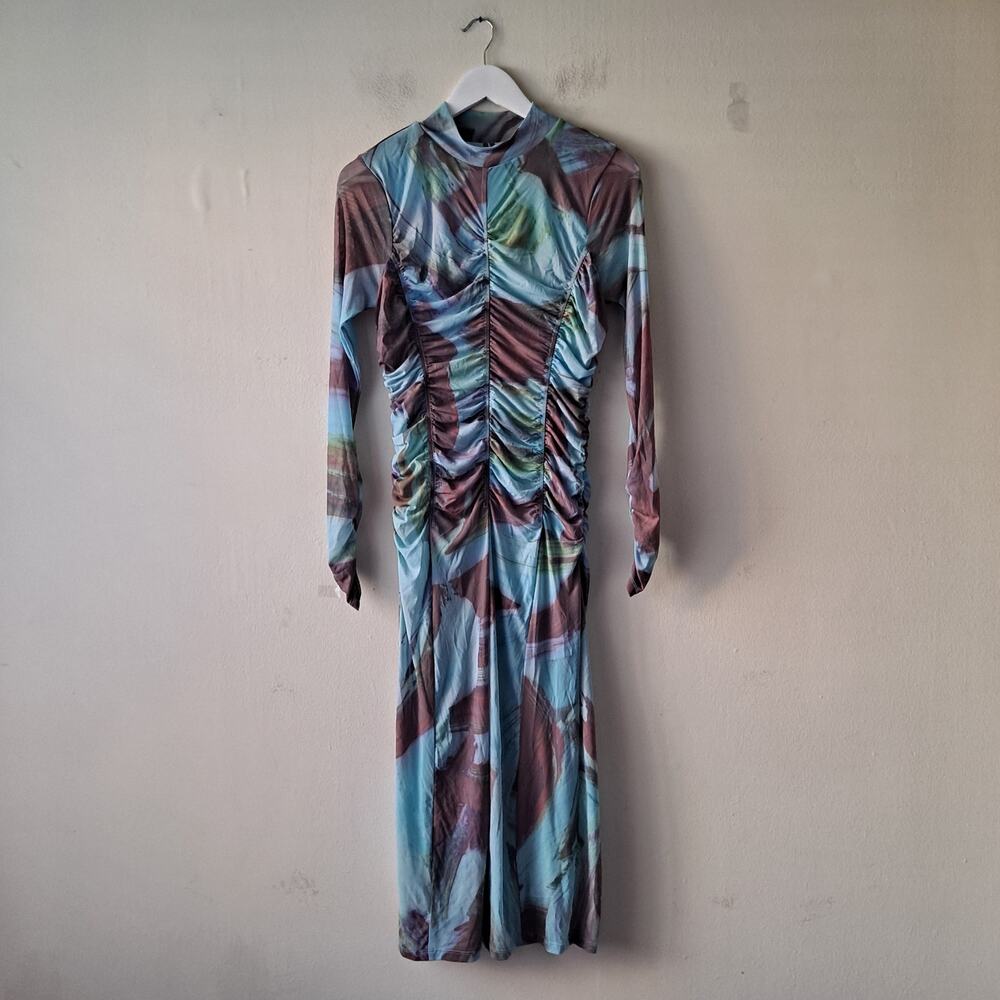 Anthropologie Printed Mesh Dress Long Sleeve Midi Bodycon Blue Brown Size M NWT - Picture 4 of 13